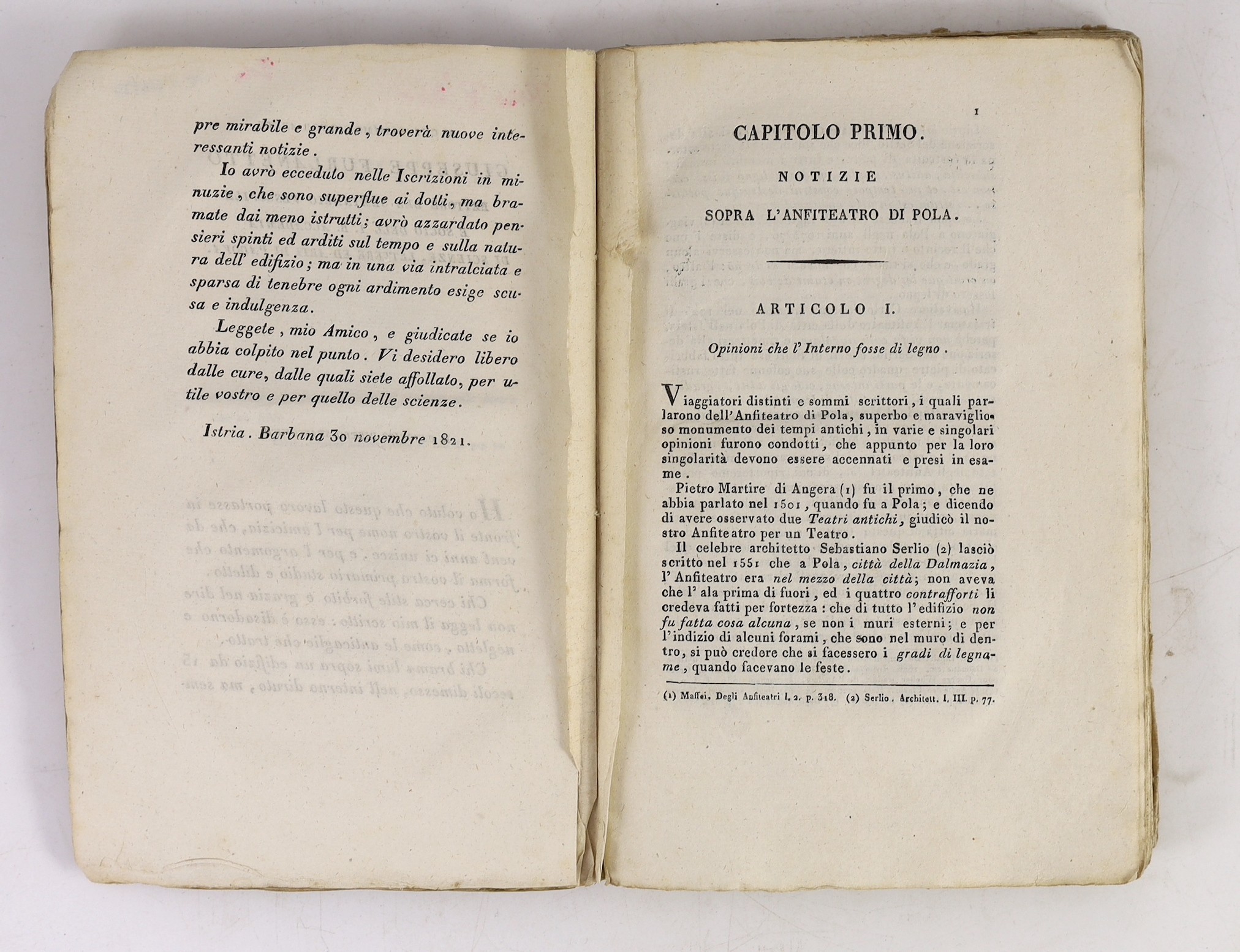 Stancovich, Pietro - Dello Anfiteatro di Pola: dei gradi Marmorei de Medesimo ... portrait frontis, 7 engraved plates (5 folded) and a folded table, errata leaf: original printed wrappers, uncut, Venice, 1822